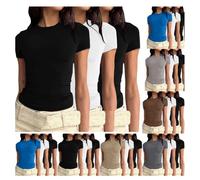 Retourenkauf-Angebote Basic Shirts 3er Pack Damen T-Shirt Rundhals Kurzarm Eng Basic Y2k Crop Tops Sommer Oberteile Einfarbig Shirt Weiss Damen Gym Basic Tops Slim Fit Elegant Tee Shirts