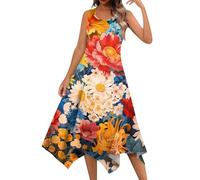 retourenkauf Angebote midi Kleid Damen Sommer Strickkleid Damen Sommer Neckholder Kleid Damen Blumen Druck Rundhals Ärmellos Lang Kleid Maxi Dresses for Women Summer sexy Kleider (Safran, XXL)