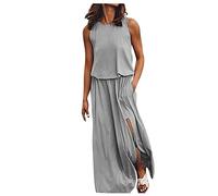 retourenkauf Angebote midi Kleid Sommer Strickkleid Sommer Neckholder Kleid Einfarbig Patchwork Rundhals Maxi Ärmellos Split Kleid Maxi Dresses for Women Summer Kleid Langarm (Grau, XL)