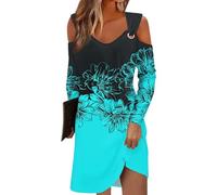 retourenkauf Angebote schwarzes Kleid Kleid Damen Sommer Brautkleider hochzeitskleider V-Ausschnitt Blumen Druck Kalte Schulter Lange Ärmel Mini Kleid umstandskleid Sommer Bandeau Kleid (Cyan, XXL)