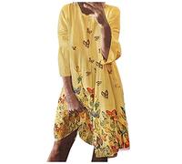 retourenkauf Angebote schwarzes Kleid Kleider Hochzeitsgast Damen V-Ausschnitt Blumen Druck Langarm Midi Kleid Strickkleid Damen Strand Tunika (Yellow, M)