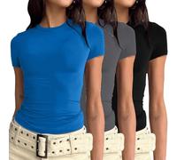 Retourenkauf-Angebote Weißes T-Shirts 3er Pack Damen T-Shirt Rundhals Kurzarm Eng Basic Y2k Crop Tops Sommer Oberteile Einfarbig Shirt Weiss Damen Gym Basic Tops Slim Fit Elegant Tee Shirts