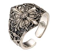 Retro 925 Sterling Silber Fleur de Lis Kreuz Ring Baroque Blumen Ring für Herren Damen Offen Verstellbare Größe L