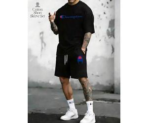 Retro Athletic Graphic 2-Piece Set, 100% Combed Cotton T-Shirt & Shorts, Drop Shoulder Regular Fit, Breathable Streetwear, Unisex Father's Day Gift