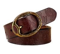 Retro-Court-Stil Damen Rindsleder Gürtel in Normaler Breite, Eleganter und Modischer Taillengürtel mit Blumenprägung für Frauen, Goldene Oval Geschnitzte Schnalle, Passend zu Jeans, Hosen und Shorts