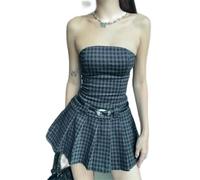 Retro Dark Plaid A-Linie Mall Gothic Trägerlose Kleider Grunge Sexy Off Shoulder Slim Kleid Frauen Sommer Partykleid mit Raffung hinten-schwarz (ohne Gürtel)-S