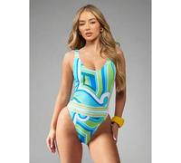 Retro Geo Muster Badeanzug mit hohem Ausschnitt, Sommer Strand Urlaub Pool Party Athletisch Klassisch Rückenfrei Hoher Beinausschnitt Monokini Badeanz