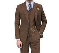Retro-Herrenanzug, 3-teilig, Tweed, Fischgrätenmuster, schmale Passform, Anzüge für Bräutigam, Smoking-Set, Balljacke, Blazer, Weste, Hose für Herren, Braun, XX-Large