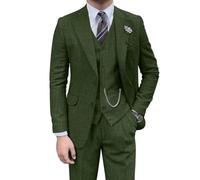 Retro-Herrenanzug, 3-teilig, Tweed, Fischgrätenmuster, schmale Passform, Anzüge für Bräutigam, Smoking-Set, Balljacke, Blazer, Weste, Hose für Herren, Grün, XS