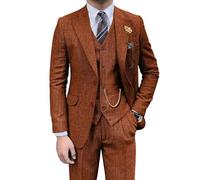 Retro-Herrenanzug, 3-teilig, Tweed, Fischgrätenmuster, schmale Passform, Anzüge für Bräutigam, Smoking-Set, Balljacke, Blazer, Weste, Hose für Herren, Orange/Abendrot im Zickzackmuster (Sunset