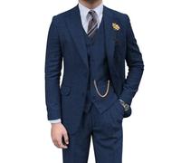 Retro-Herrenanzug, 3-teilig, Tweed, Fischgrätenmuster, schmale Passform, Anzüge für Bräutigam, Smoking-Set, Balljacke, Blazer, Weste, Hose für Herren, Marineblau, S