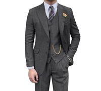 Retro-Herrenanzug, 3-teilig, Tweed, Fischgrätenmuster, schmale Passform, Anzüge für Bräutigam, Smoking-Set, Balljacke, Blazer, Weste, Hose für Herren, GRAU, XX-Large