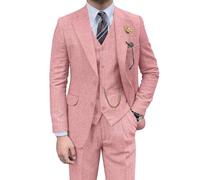Retro-Herrenanzug, 3-teilig, Tweed, Fischgrätenmuster, schmale Passform, Anzüge für Bräutigam, Smoking-Set, Balljacke, Blazer, Weste, Hose für Herren, Pink, XX-Large