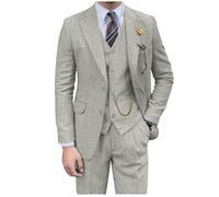 Retro-Herrenanzug, 3-teilig, Tweed, Fischgrätenmuster, schmale Passform, Anzüge für Bräutigam, Smoking-Set, Balljacke, Blazer, Weste, Hose für Herren, Hellgrau, L