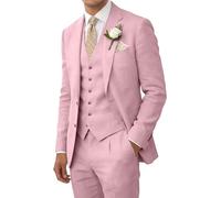 Retro Leinen Herren Anzug für Strand Hochzeit - Sommer Slim Fit 3 Stück Leichte Jacke Weste Hose Homecoming Smoking, Pink, 3XL