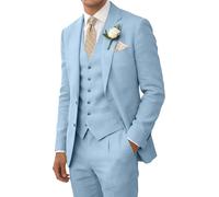Retro Leinen Herren Anzug Strand Hochzeit Anzug Sommer Slim Fit 3 Stück Leichte Leinen Anzug Jacke Weste Hose Homecoming Smoking, Babyblau, 3XL