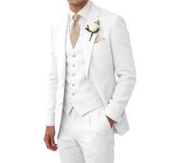 Wehilion Retro-Leinenanzug für Herren, Strand, Hochzeit, Sommer, schmale Passform, 3-teilig, leicht, Leinen, Anzugjacke, Weste, Hose, Smoking, Weiss/opulenter Garten, 3XL