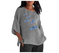 Retro Leinenbluse Damen 3/4 Ärmel Bluse Baumwolle Leinen T-Shirt Oversize Einfarbig Oberteile Leinenhemd Rundhals Pullover Tshirt Locker Longbluse Sommer Tunika Tee Tops Basic Shirt Hemden für Frauen