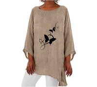 Retro Leinenbluse Damen 3/4 Ärmel Bluse Baumwolle Leinen T-Shirt Oversize Einfarbig Oberteile Leinenhemd Dünn Longbluse Lose Rundhals Pullover Tshirt Blusentops Sommer Tunika Tops Beachwear für Frauen