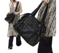 Retro Motorradtasche Weiches PU-Leder Große Kapazität Umhängetasche Punk Multi Pocket Crossbody Bag Für Arbeit, Reisen, Partys(Black)