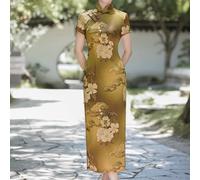 Retro Slim Fit Damen Cheongsam Kleid mit Stehkragen Chinesischer Stil für Alltag und Festival (XXXXL Gold)