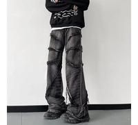 Retro Street Rock Herren Y2K Punk High Waist Wide Leg Raw Edge Jeans Darkwear Washed (3XL Schwarz)