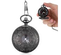 Retro Taschenuhr mit Zwei Displays, Römischen Arabischen Ziffern, Schwarz | Metallgehäuse, Klappbarer Deckel, Dicke Kette, für Anzug, Weste, Hochzeit, Formelle Auftritte
