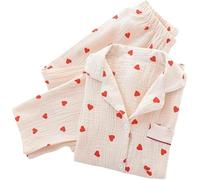 Revers Pyjama Set Für Damen, Rotes Herzmuster, schlafanzug damen baumwolle, Lässige Baumwolle, Langärmelig, Oberteile, Hosen, Weiche Nachtwäsche, Loungewear, Frühling, Herbst Und Winter, Gelb, M