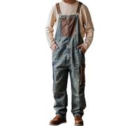 Rexcyril Herren Baggy Denim Bib Overalls Vintage Kontrast Distressed Fashion Loose Fit Workwear Overalls mit großen Taschen, Blau, 46