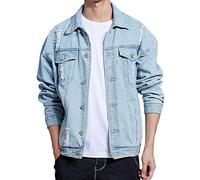 Rexcyril Herren Distressed Denim Jacke Casual Ripped Löcher Button Down Trucker Jacke Jean Coat - Blau - Large