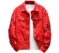 Rexcyril Herren Distressed Denim Jacke Casual Ripped Löcher Button Down Trucker Jacke Jean Coat - Rot - Large