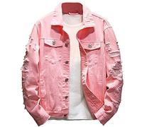 Rexcyril Herren-Jeansjacke im Used-Look, lässig, zerrissene Löcher, Knopfleiste, Trucker-Jacke, Jeansmantel, Pink, S