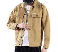 RGVV Herren Jeansjacke,Herren Distressed Frayed Denim Hemdjacke Regular Fit Knopfhemd Vintage Washed Jeans Trucker Jacket Retro Stepptaschen Cargo Jeansjacke Outwear S-3Xl,Khaki,S