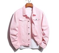 RGVV Jeansjacke Herren,Herren Distressed Jeanshemd Jacke Gewaschene Lässige Jeans Truckerjacke Rosa Lange Ärmel Reverstaschen Outwear Jeans Biker Cargo Hemdjacke Plus Größe S-XXL,L