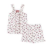 RGVV Sommer Pyjama Set, Kurzes Pyjama-Set Für Damen, Kirsche, Atmungsaktiv, Zweiteilig, Nachtwäsche, Floral, Sexy, Pyjama-Set, Cami-Oberteil, Schlafshorts, Süße Rüschen, Loungewear Für Damen, Teena