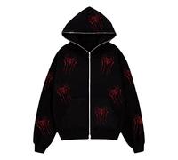 Rhinestone Graphic Zip Up Hoodies for Women Oversized Y2k Skeleton Print Sweatshirt Goth Harajuku Jacket PunkGrunge Pullover Streetwear, Schwarze, rote Spinne, 36