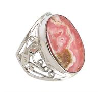 Rhodochrosit Rechteckiger Ring aus 925 Sterling Silber - Mehrfarbiger Cabochon, 24 x 16 mm, Naturstein Ring, edles Geschenk für sie, V 1/2, Edelstein:, Rhodochrosit
