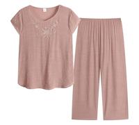 Rianjia Damen Schlafanzug Zweiteiliger Pyjama mit Blumenstickerei Sommer Kurzärmeliges Hausanzug Sleepwear Nachtwäsche Oberteil und 3/4 Lang Schlafanzughose für ältere Frauen wie Oma