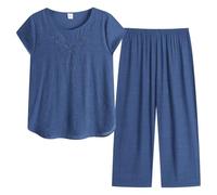 Rianjia Damen Schlafanzug Zweiteiliger Pyjama mit Blumenstickerei Sommer Kurzärmeliges Hausanzug Sleepwear Nachtwäsche Oberteil und 3/4 Lang Schlafanzughose für ältere Frauen wie Oma