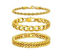 Richsteel Edelstahl 3 Stück Armbänder für Herren gestapelt 9MM Breite 1:1 Kette & 8MM Breite Double Weave Runde Bogen 4 Seite Schleifen & 3MM Twist Armband Gold 23CM