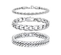 Richsteel Edelstahl 3 Stück Armbänder für Herren gestapelt 9MM Breite 1:1 Kette & 8MM Breite Double Weave Runde Bogen 4 Seite Schleifen & 3MM Twist Armband Silber 21CM