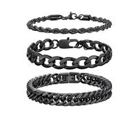 Richsteel Edelstahl 3 Stück Armbänder für Herren gestapelt 9MM Breite 1:1 Kette & 8MM Breite Double Weave Runde Bogen 4 Seite Schleifen & 3MM Twist Armband Schwarz 21CM