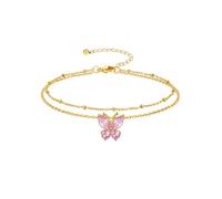 Richsteel Geburtsstein Fußkette für damen Sommer Schmuck Edelstahl Doppelte Fußkettchen Synthetischer rosa Turmalin Schmetterling Gold Oktober