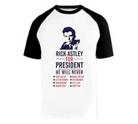 Rick Astley for President Baseball T-Shirt Herren Damen Unisex Weiß Rundhals Kurze Ärmel Bio-Baumwolle Tee Men's White