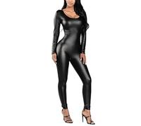 RICOCHO Damen-Langarm-Leder-Catsuit mit U-Ausschnitt, einteiliger Ganzkörper-Overall, Wet-Look-Leder-Strampler, Clubwear