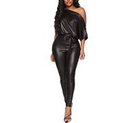 RICOCHO Sexy Kunstleder-Strampler für Damen mit Gürtel, schwarzbrauner Wet-Look-Lederoverall für Damen
