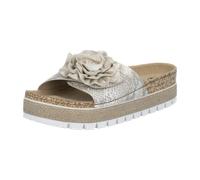 Pantolette RIEKER, Damen, Gr. 39, beige, goldfarben, Lacklederimitat, Textil, Reptilienprägung, metallic, Schuhe Pantolette, Sommerschuh, Schlappen mit modischem Plateau (79950762-39) beige, goldfarbe