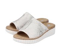 Pantolette RIEKER, Damen, Gr. 38, beige (hellbeige), Lederimitat, metallic, Schuhe Pantolette, Keilabsatz, Sommerschuh, Schlappen mit Juterahmen an der Laufsohle (31178655-38) hellbeige