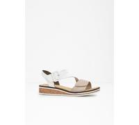 Riemchensandale RIEKER, Damen, Gr. 38, beige (beige, weiß), Lederimitat, Schuhe Riemchensandale, Sommerschuh, Sandalette, Keilabsatz, mit asymmetrischem Riemchen, Topseller (98319855-38) beige, weiß