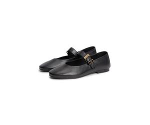 Riemchenballerina TOMMY HILFIGER "TH BUCKLE LEATHER BALLERINA", Damen, Gr. 38, Baumwolle Leder, schwarz, Nappaleder, Schuhe Riemchenballerina, Businessschuh, mit verstellbarer Schnalle über den Rist,